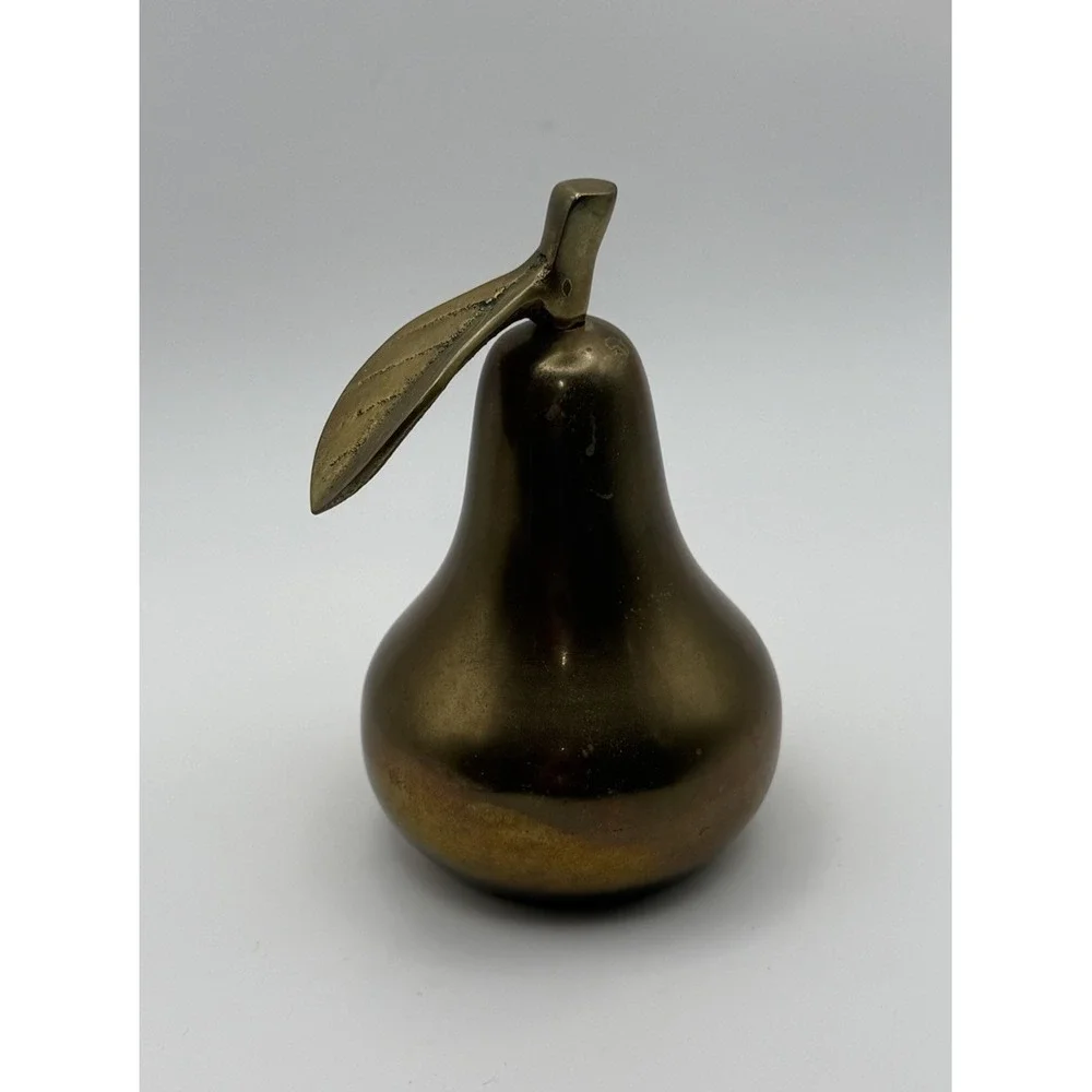 Vintage Solid Brass Pear Figurine Bell Paperweight Leaf & Stem Made Korea MCM